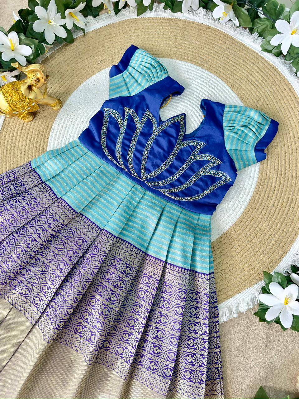 Lotus Frock Jaquard Silk Dark Blue Affordable kids clothing wholesale